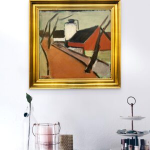 Original oil painting, Houses and road, Danish Modernist mid century, Nordic decor - Image 2
