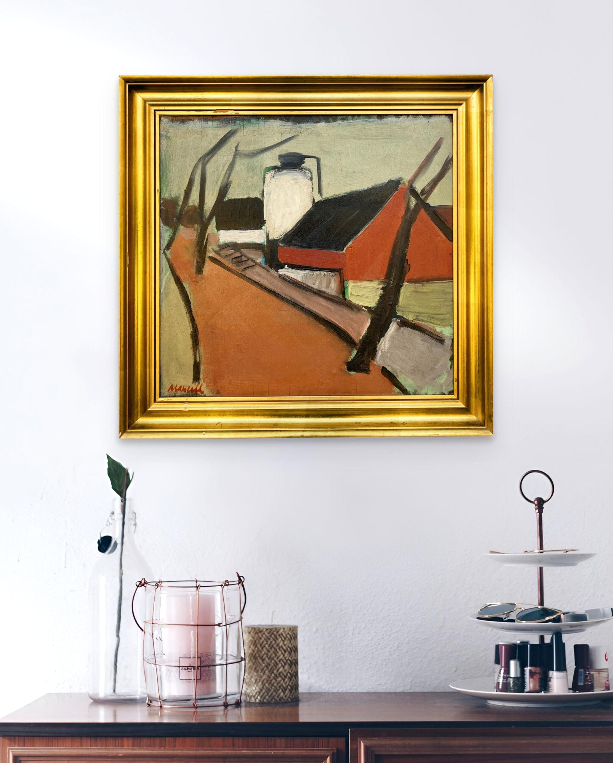 Original oil painting, Houses and road, Danish Modernist mid century, Nordic decor - Image 2