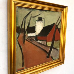 Original oil painting, Houses and road, Danish Modernist mid century, Nordic decor - Image 4
