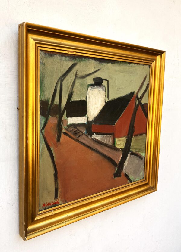 Original oil painting, Houses and road, Danish Modernist mid century, Nordic decor