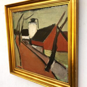 Original oil painting, Houses and road, Danish Modernist mid century, Nordic decor - Image 5