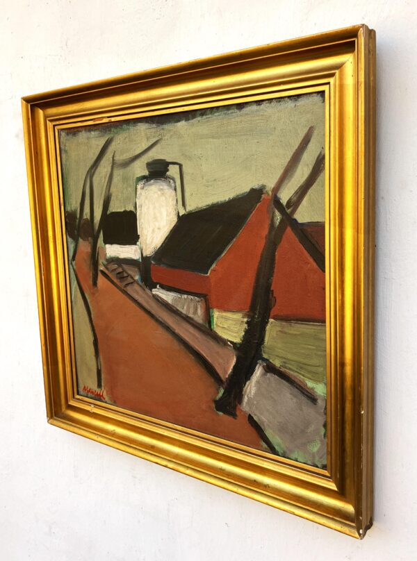 Original oil painting, Houses and road, Danish Modernist mid century, Nordic decor
