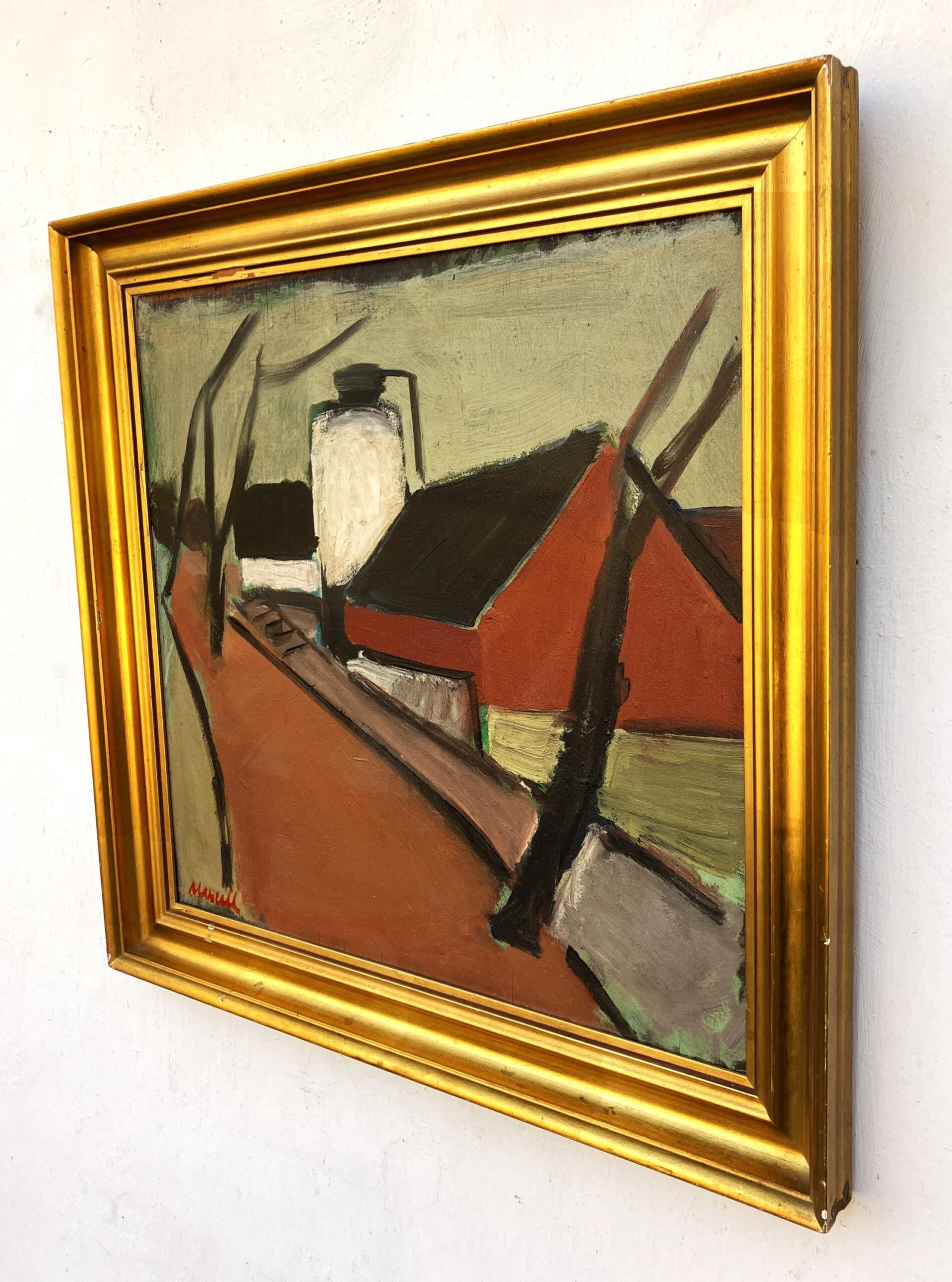 Original oil painting, Houses and road, Danish Modernist mid century, Nordic decor - Image 5