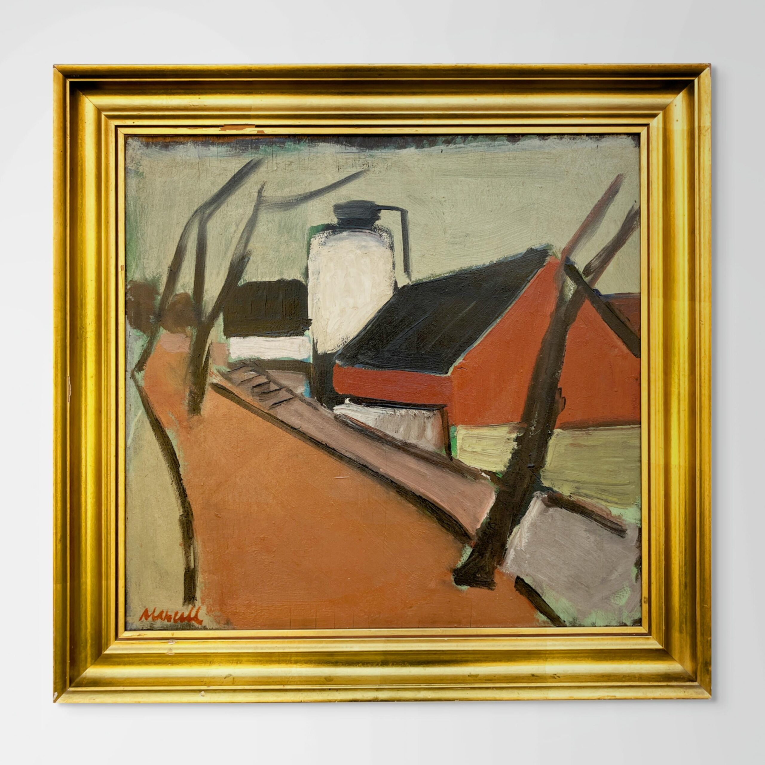 Original oil painting, Houses and road, Danish Modernist mid century, Nordic decor