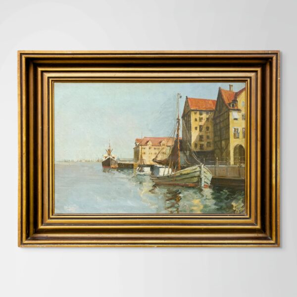 Original Danish oil painting, harbor boats, Mid Century, coastal wall art