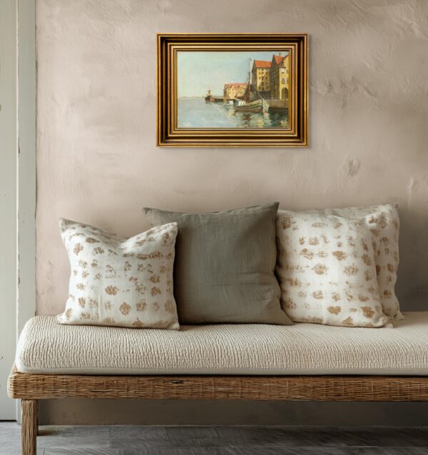 Original Danish oil painting, harbor boats, Mid Century, coastal wall art