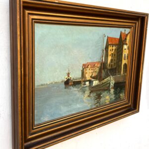 Original Danish oil painting, harbor boats, Mid Century, coastal wall art - Image 4