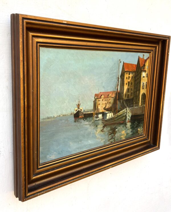 Original Danish oil painting, harbor boats, Mid Century, coastal wall art