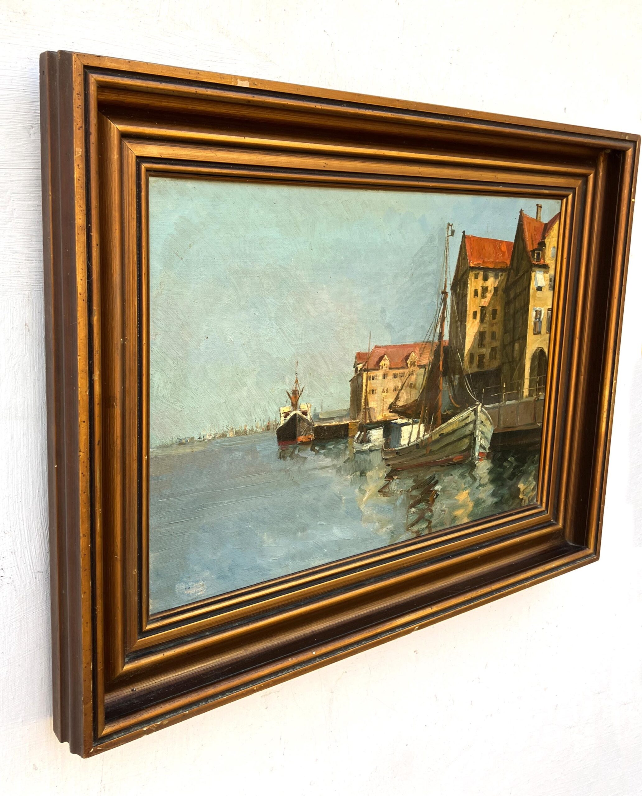 Original Danish oil painting, harbor boats, Mid Century, coastal wall art - Image 4