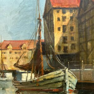 Original Danish oil painting, harbor boats, Mid Century, coastal wall art - Image 9