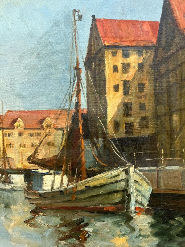 Original Danish oil painting, harbor boats, Mid Century, coastal wall art