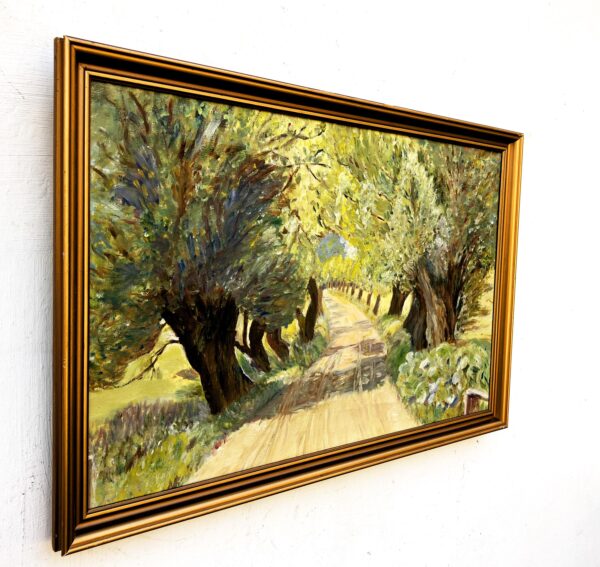 Original Danish oil painting, willow tree avenue, Mid Century, landscape wall art