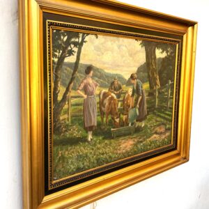 Large Original Danish oil painting, cows and figures rural scene, 1920s, farmhouse wall art - Image 4