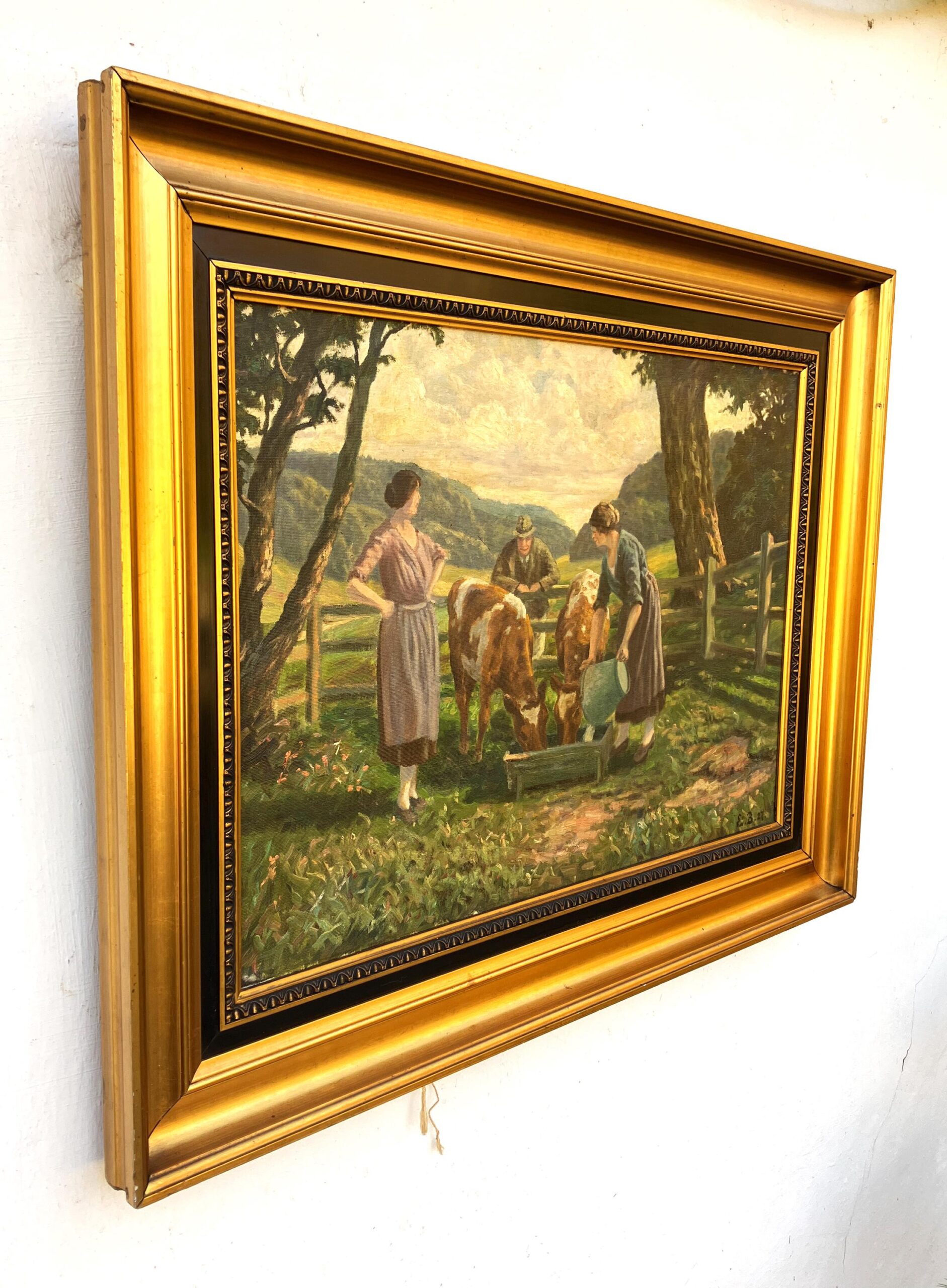 Large Original Danish oil painting, cows and figures rural scene, 1920s, farmhouse wall art - Image 4