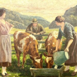 Large Original Danish oil painting, cows and figures rural scene, 1920s, farmhouse wall art - Image 6