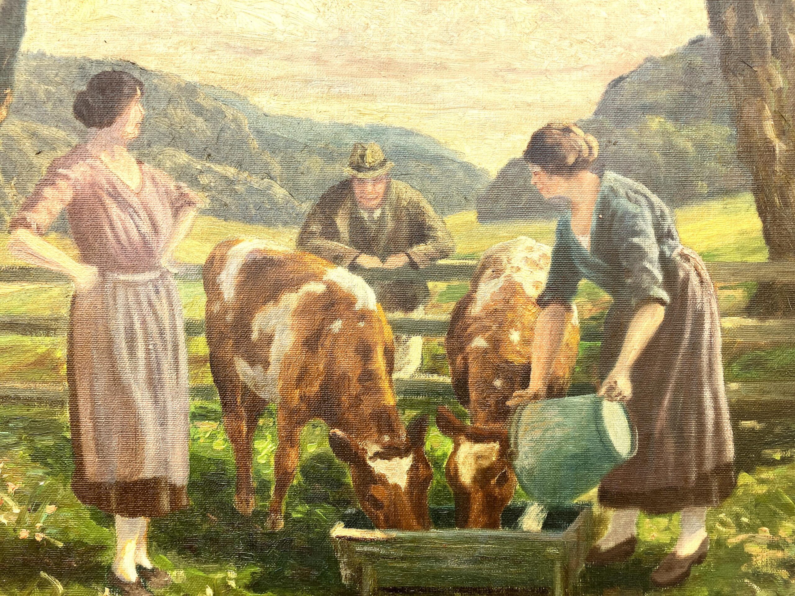 Large Original Danish oil painting, cows and figures rural scene, 1920s, farmhouse wall art - Image 6