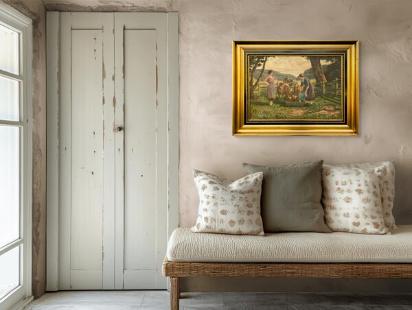 Large Original Danish oil painting, cows and figures rural scene, 1920s, farmhouse wall art