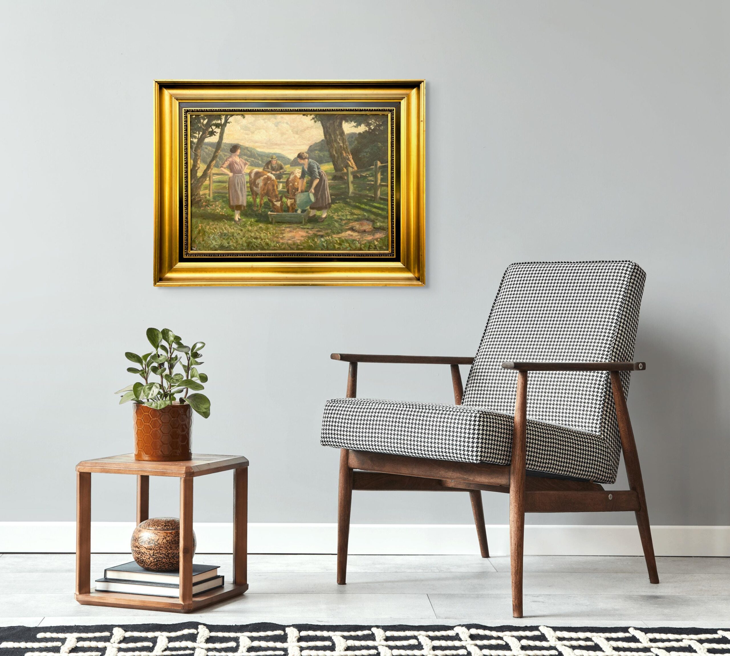 Large Original Danish oil painting, cows and figures rural scene, 1920s, farmhouse wall art - Image 3