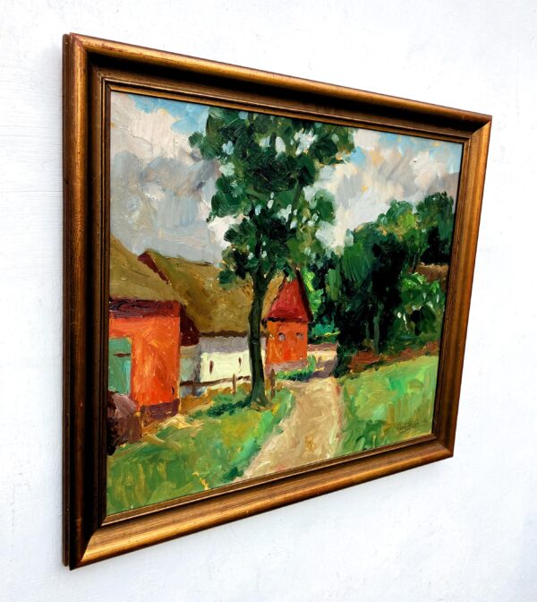 Original Swedish oil painting, farmhouse path landscape, 1930s Scandinavian  modernist, wall art decor