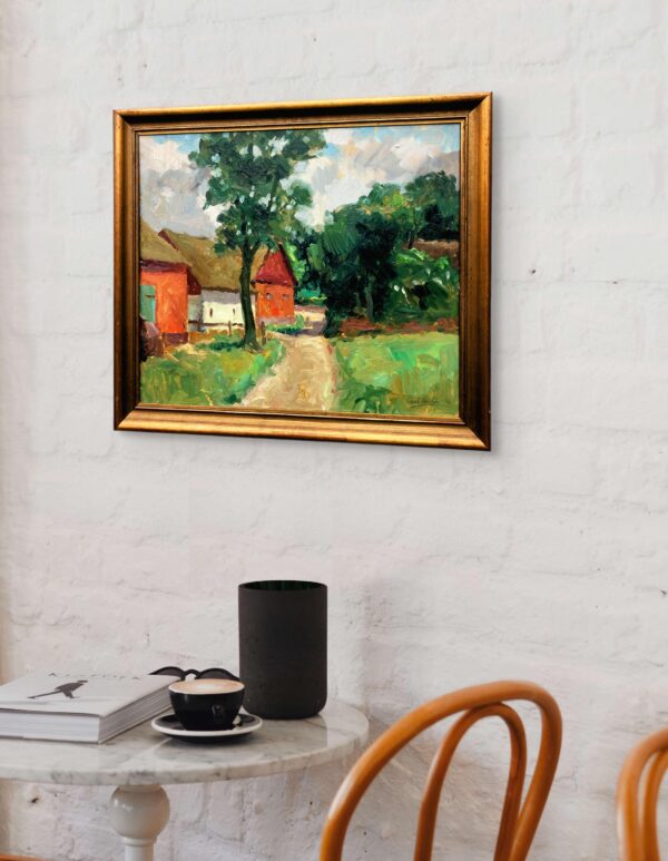 Original Swedish oil painting, farmhouse path landscape, 1930s Scandinavian  modernist, wall art decor