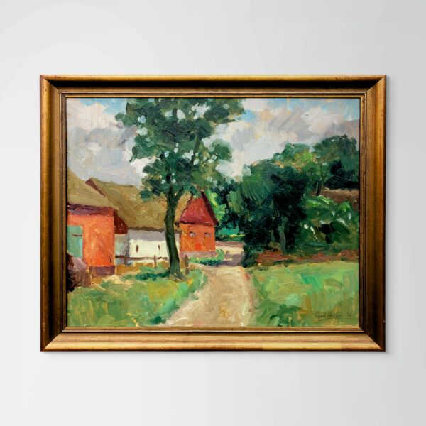 Original Swedish oil painting, farmhouse path landscape, 1930s Scandinavian  modernist, wall art decor