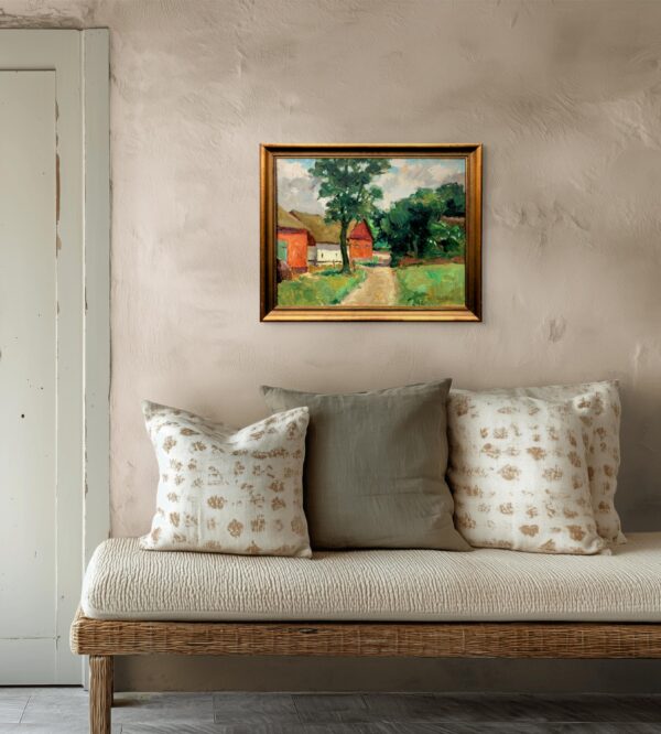 Original Swedish oil painting, farmhouse path landscape, 1930s Scandinavian  modernist, wall art decor