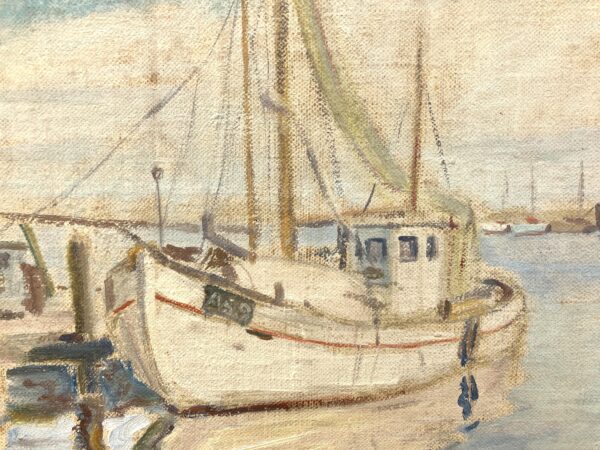 Original Danish oil painting, fishing boats harbor, Mid Century, coastal wall art, Kongsmar