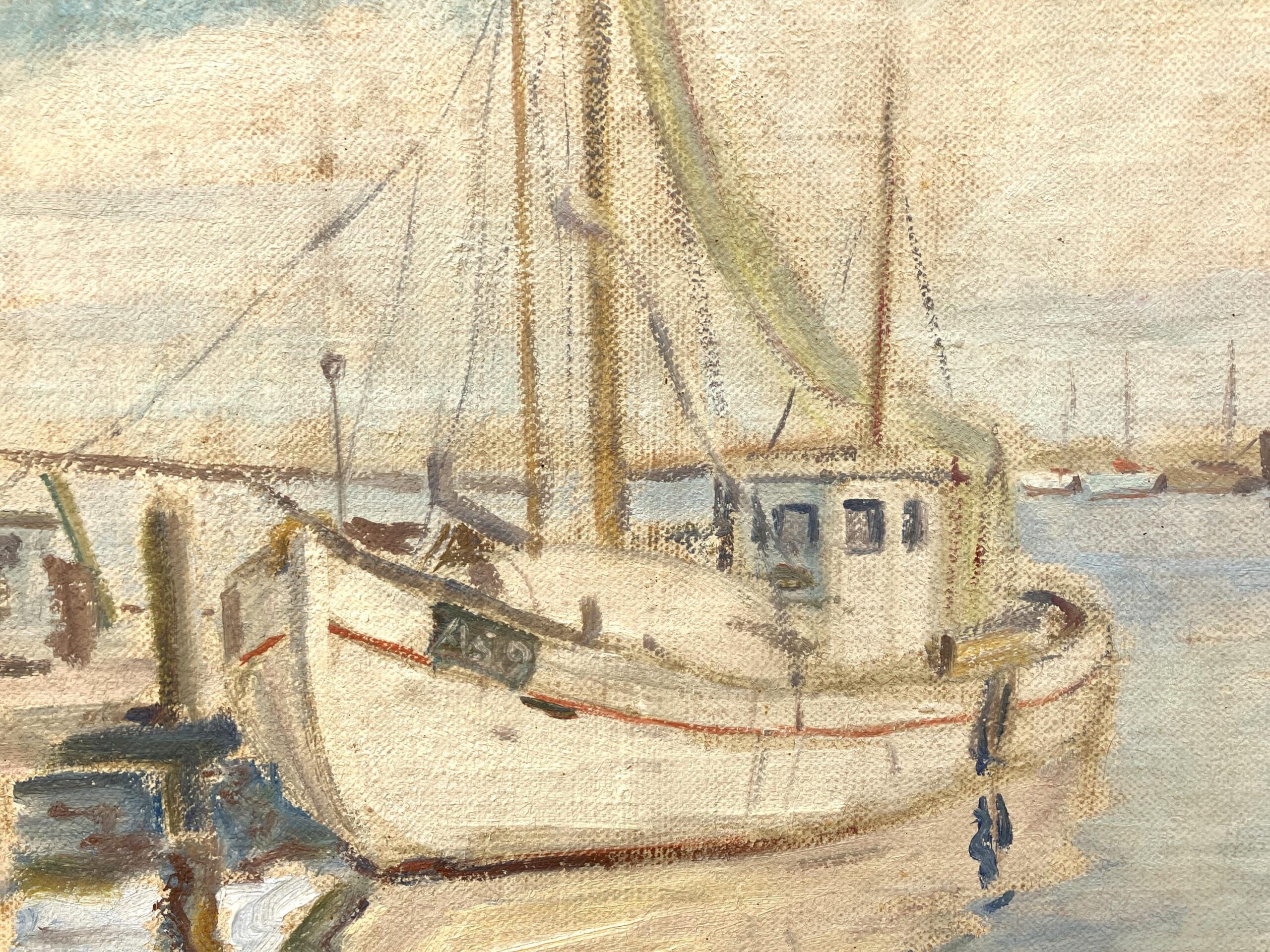 Original Danish oil painting, fishing boats harbor, Mid Century, coastal wall art, Kongsmar - Image 6
