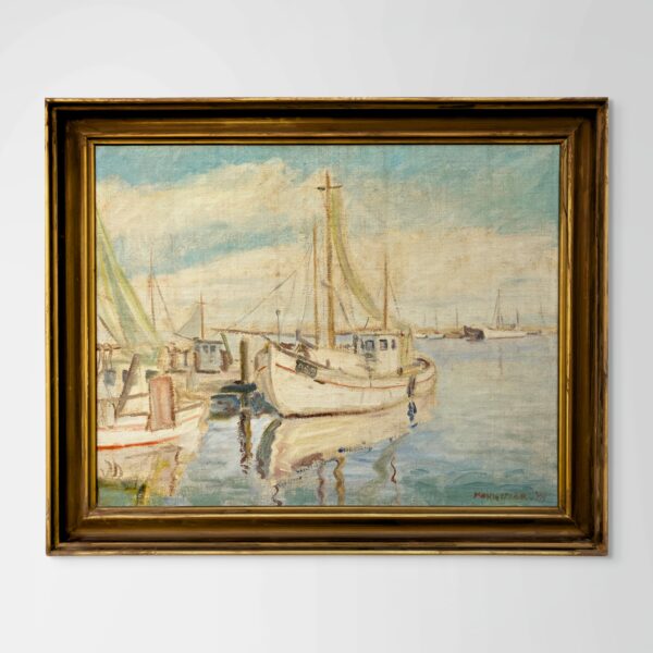 Original Danish oil painting, fishing boats harbor, Mid Century, coastal wall art, Kongsmar