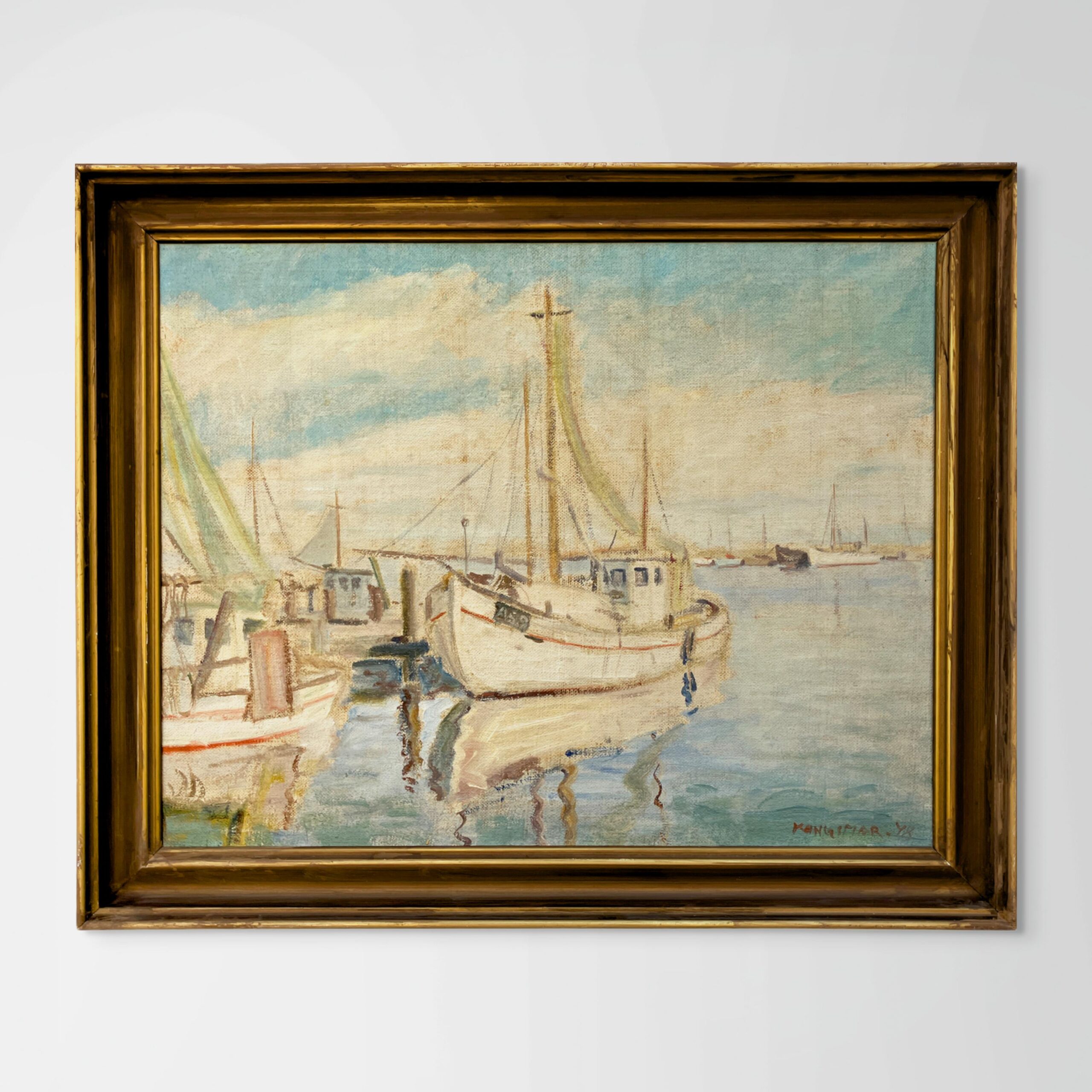 Original Danish oil painting, fishing boats harbor, Mid Century, coastal wall art, Kongsmar