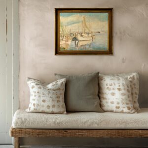 Original Danish oil painting, fishing boats harbor, Mid Century, coastal wall art, Kongsmar - Image 2