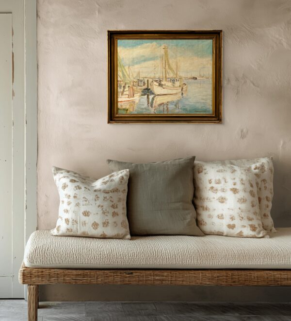 Original Danish oil painting, fishing boats harbor, Mid Century, coastal wall art, Kongsmar