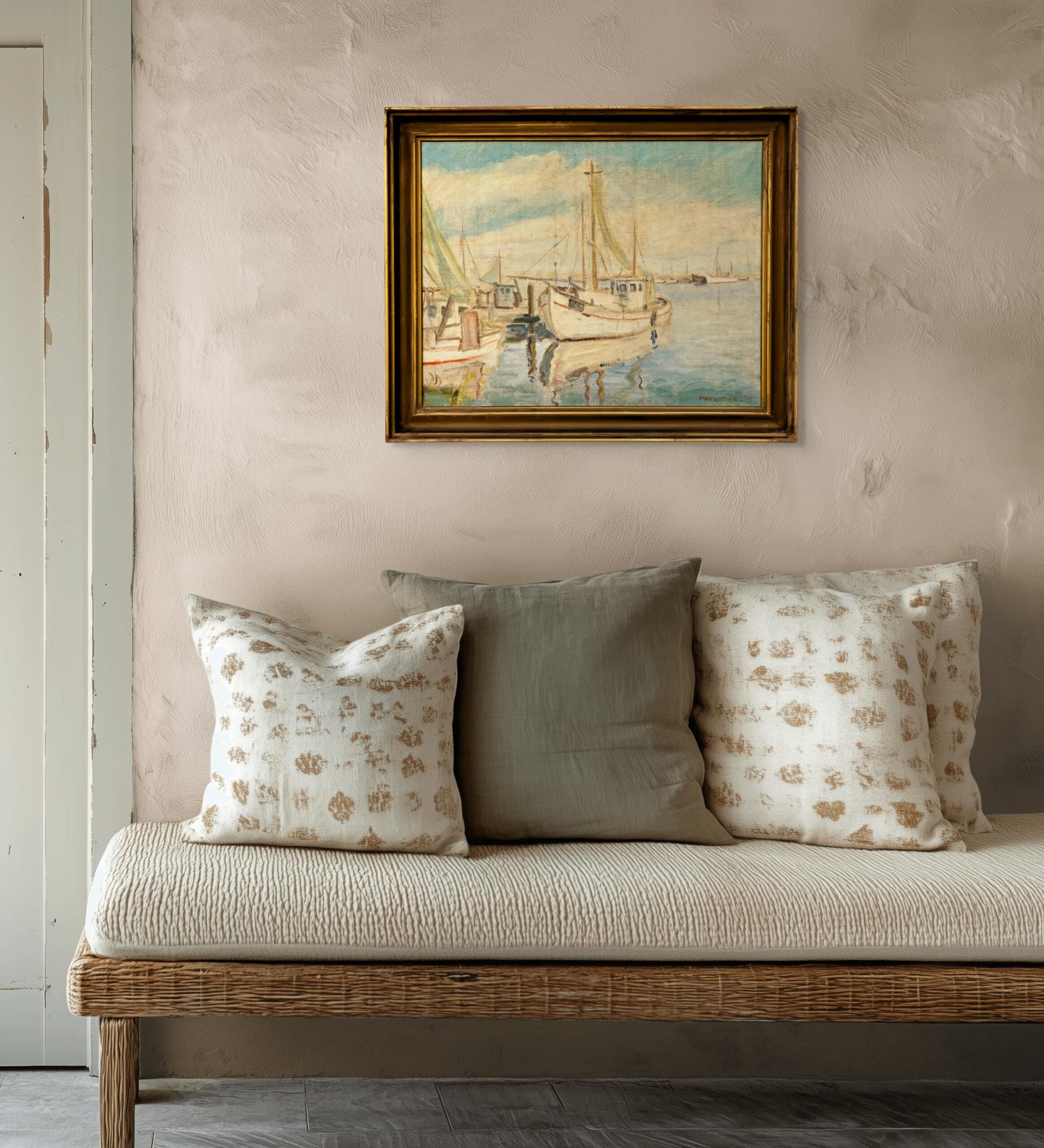 Original Danish oil painting, fishing boats harbor, Mid Century, coastal wall art, Kongsmar - Image 2