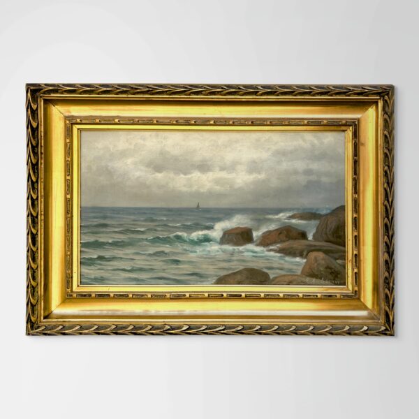 Original Swedish oil painting, seascape ship, early 1900s, coastal wall art