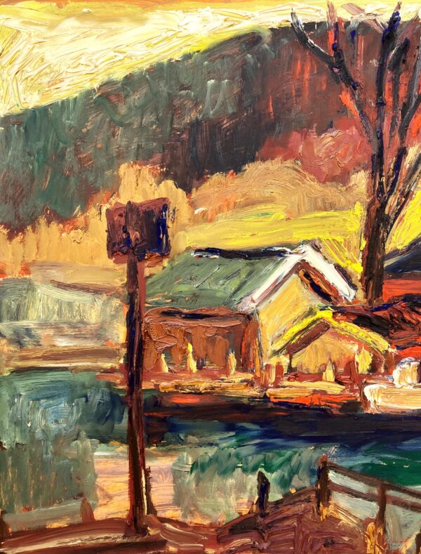 Original Oil Painting – Swedish Coastal Landscape with Boats, 1930s Scandinavian Expressionist Art