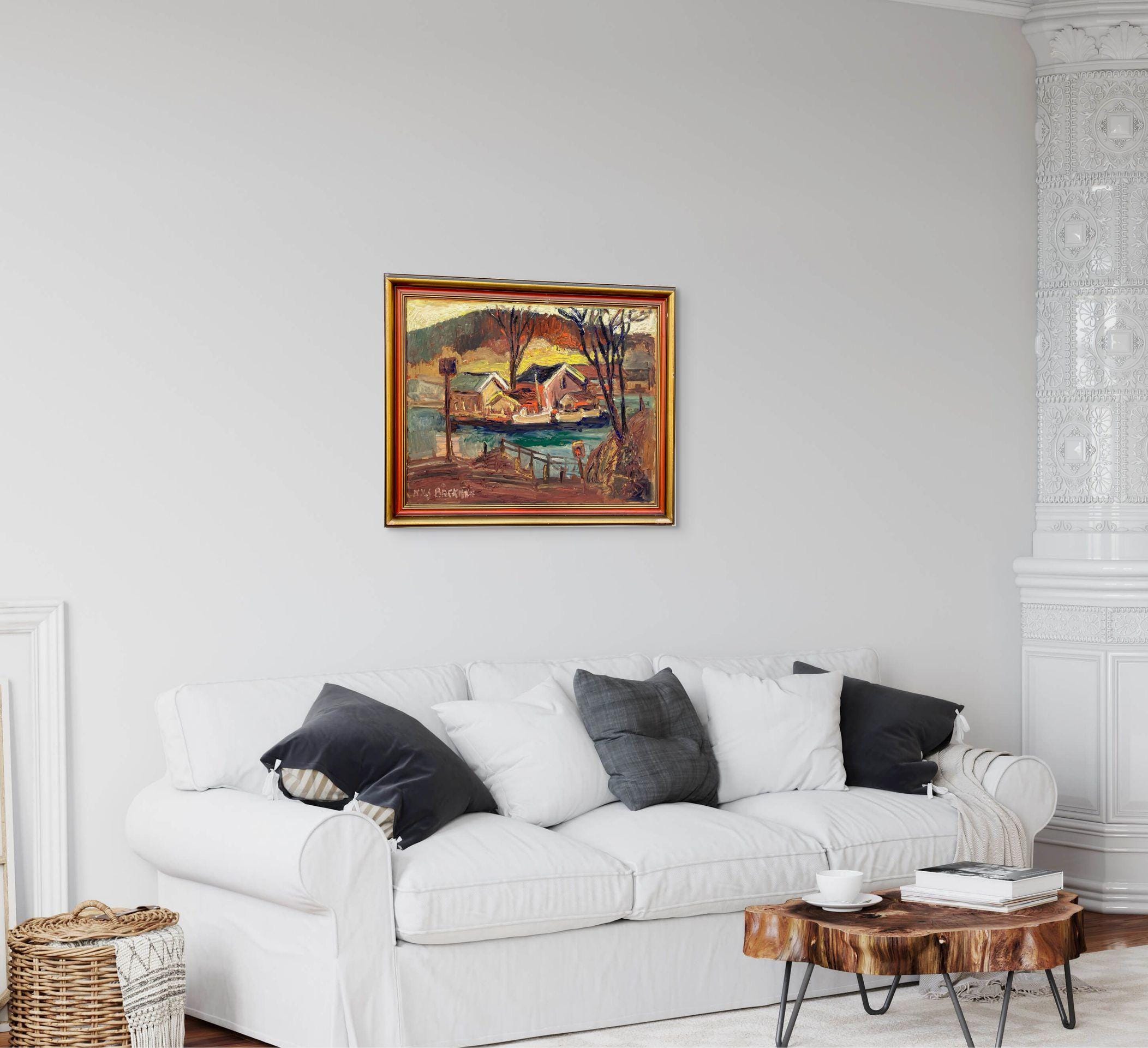 Original Oil Painting – Swedish Coastal Landscape with Boats, 1930s Scandinavian Expressionist Art - Image 3