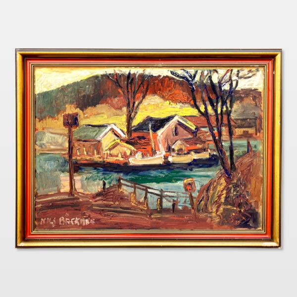 Original Oil Painting – Swedish Coastal Landscape with Boats, 1930s Scandinavian Expressionist Art