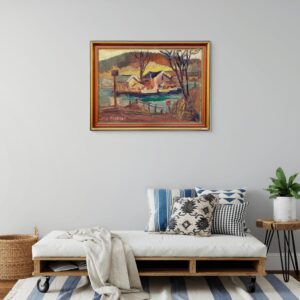 Original Oil Painting – Swedish Coastal Landscape with Boats, 1930s Scandinavian Expressionist Art - Image 2