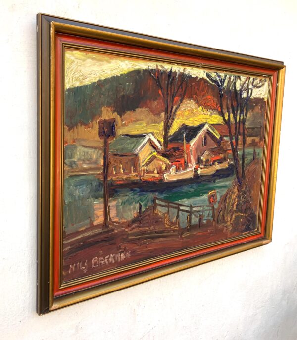 Original Oil Painting – Swedish Coastal Landscape with Boats, 1930s Scandinavian Expressionist Art