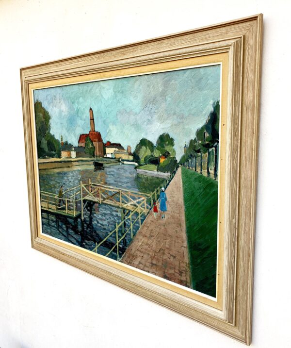 Large Original Swedish oil painting, canal scene Malmö, Mid Century, Scandinavian wall art