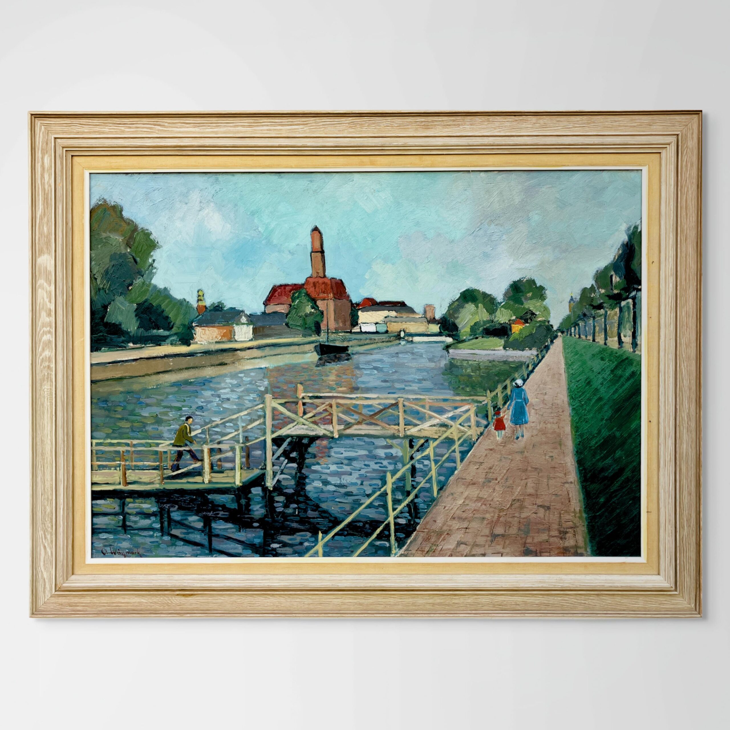 Large Original Swedish oil painting, canal scene Malmö, Mid Century, Scandinavian wall art