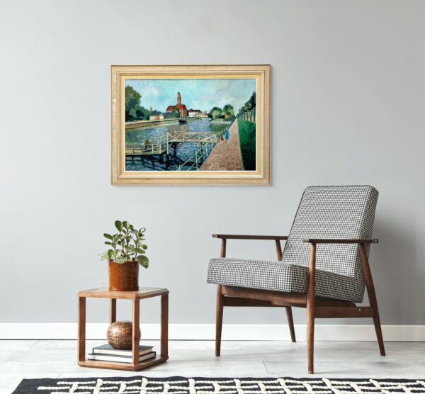 Large Original Swedish oil painting, canal scene Malmö, Mid Century, Scandinavian wall art