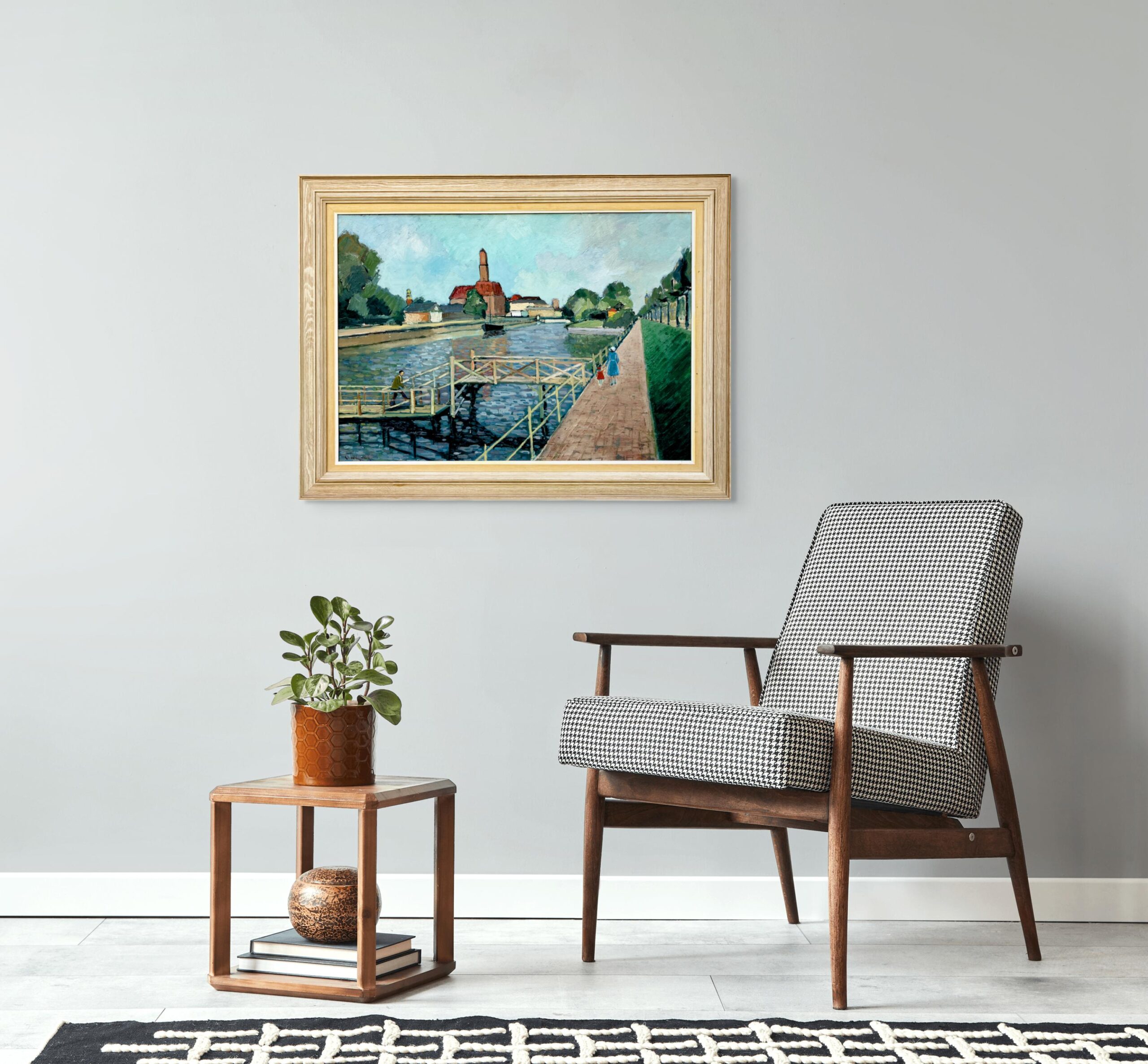 Large Original Swedish oil painting, canal scene Malmö, Mid Century, Scandinavian wall art - Image 3