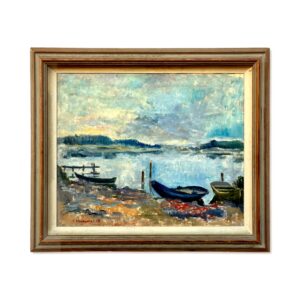 Large Coastal Seascape with Boats, Vintage Oil Painting, Scandinavian Coastal Decor