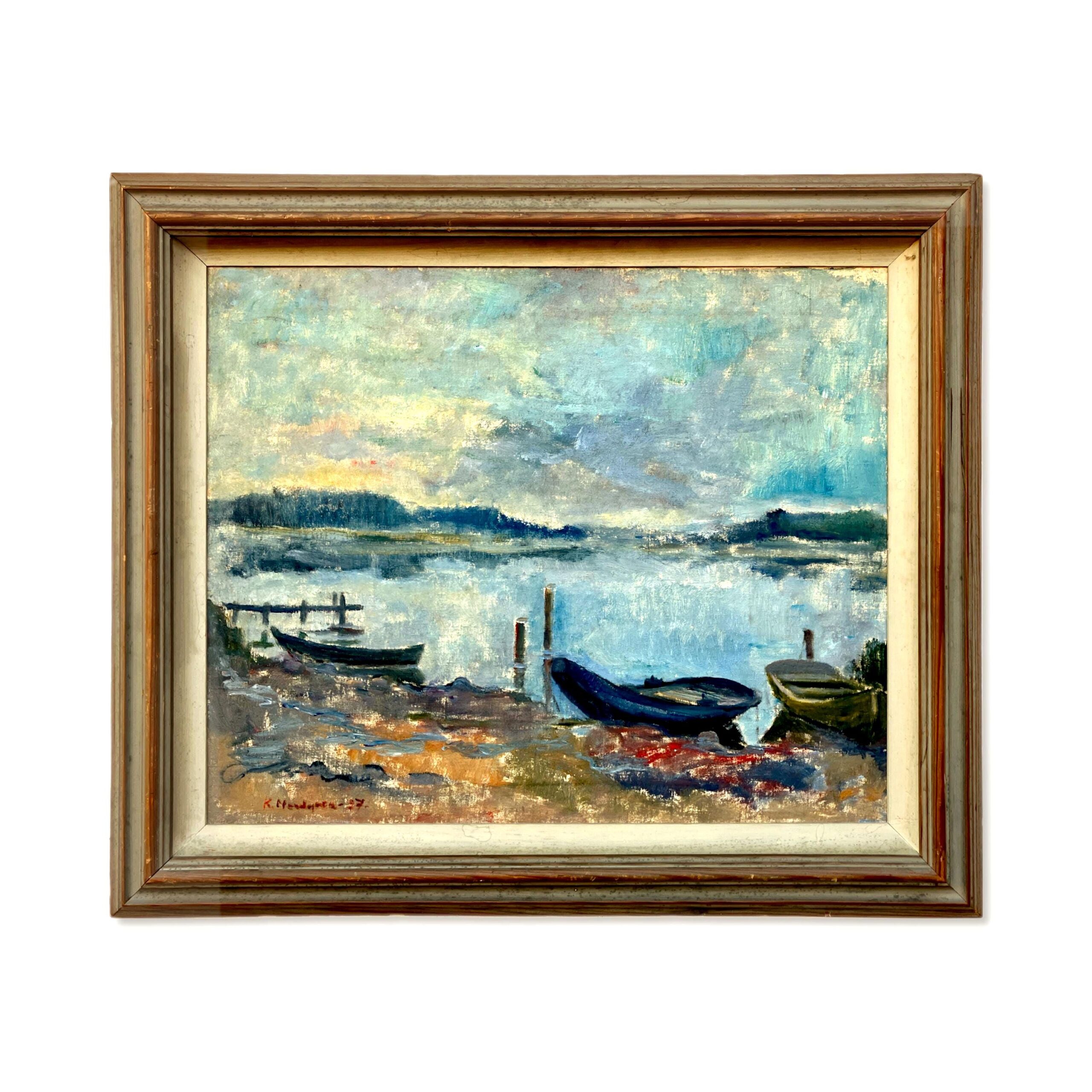 Large Coastal Seascape with Boats, Vintage Oil Painting, Scandinavian Coastal Decor - Image 1