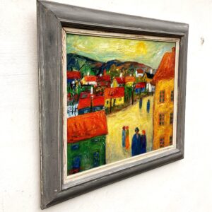Original 1940s Swedish Oil Painting – Colorful Street Scene with Figures, Scandinavian Expressionist Art - Image 4