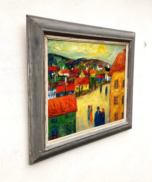 Original 1940s Swedish Oil Painting – Colorful Street Scene with Figures, Scandinavian Expressionist Art