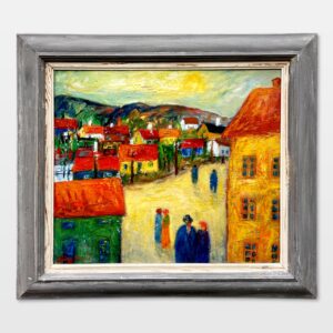 Original 1940s Swedish Oil Painting – Colorful Street Scene with Figures, Scandinavian Expressionist Art