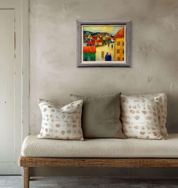 Original 1940s Swedish Oil Painting – Colorful Street Scene with Figures, Scandinavian Expressionist Art