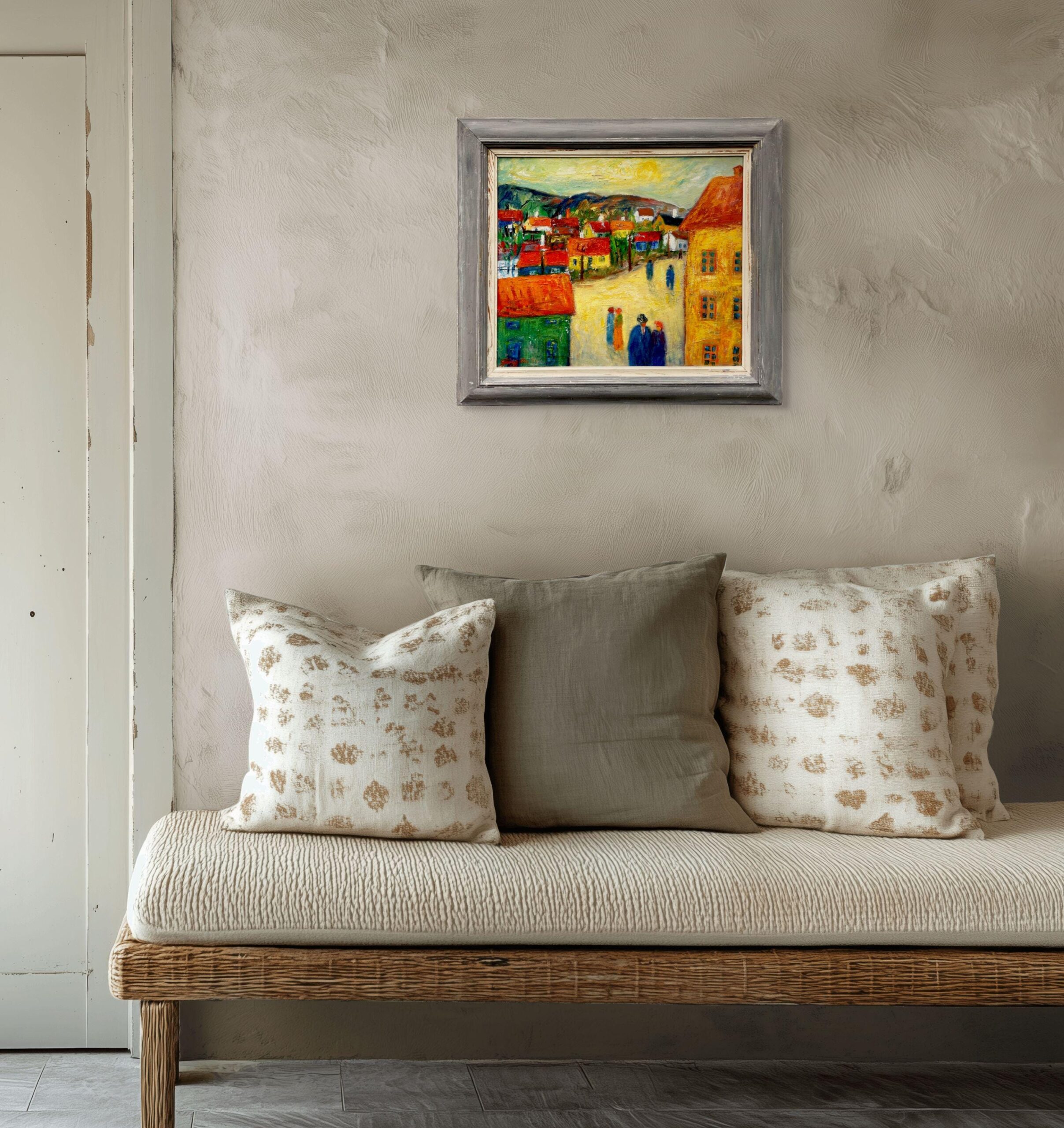 Original 1940s Swedish Oil Painting – Colorful Street Scene with Figures, Scandinavian Expressionist Art - Image 2